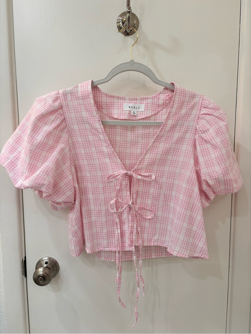 MABLE Pink Plaid Tie-Front Puff Sleeve Top